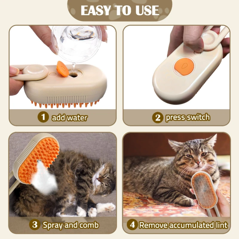 3-in-1 Pet Steam Grooming Brush – Clean, De-Shed & Massage Your Cat or Dog | USB Rechargeable & Anti-Static Spray