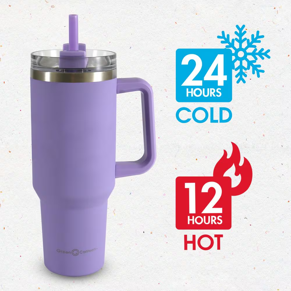 Purple Stainless Steel Tumbler with Lid, Straw & Handle – 40 oz temperature maintain